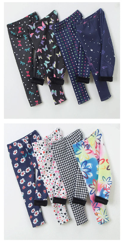 Girls Winter Leggings - Warm Plush Thickened Butterfly Print Pants for Kids
