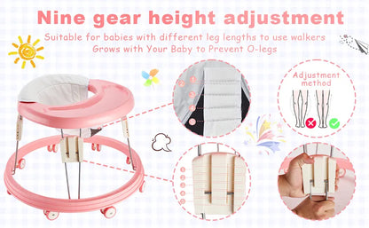 Baby Walker, Foldable Multi-Function Anti-Rollover Walker with Brake Design, 5 Level Height Adjustable, Baby Walkers