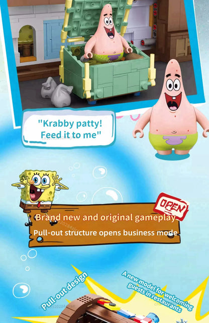 Spongebob building block cartoon Krusty Krab creative restaurant scene model Patrick Star assembly toy children's birthday gift