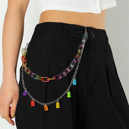 Doulbe Layered Pink Color Strawberry Resin Chain Keychains Women Girls Hip Hop Waist Chain Pants Trousers Chain Bohemian Jewelry