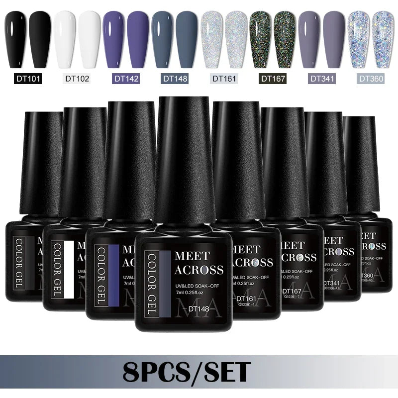 MEET ACROSS 8-teiliges Gel-Nagellack-Set für alle Jahreszeiten, Neon-Marcaron-Grün-Rot-Serie, UV-Gel-Lack-Maniküre-Set, Nagelzubehör