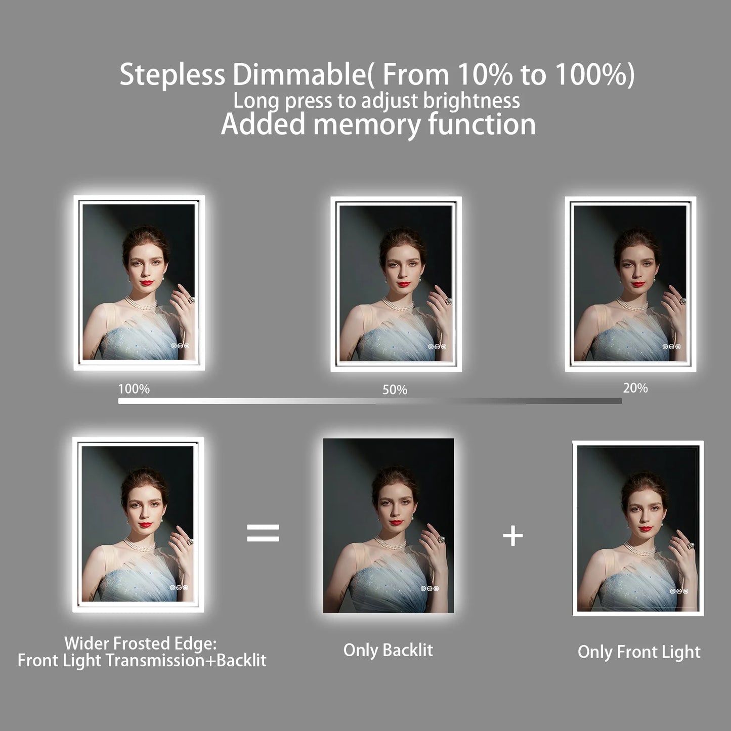 LED Light Bathroom Mirror Illuminated Wall Mounted Vanity Makeup Anti-Fog Rectangle 3 Colors Touch Light