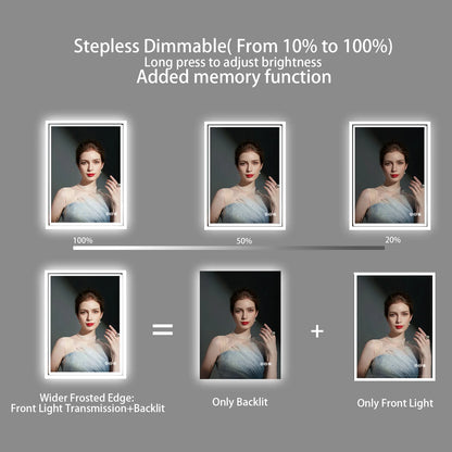 LED Light Bathroom Mirror Illuminated Wall Mounted Vanity Makeup Anti-Fog Rectangle 3 Colors Touch Light