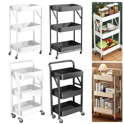 3 Tier Metal Folding Trolley Cart Storage Rack Rolling Shelf Beauty Office Wheel