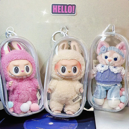 Colorful Transparent Protector Case Organizer Box for 17cm Labubu Plush Dolls Outdoor Display Bag With Keychain Doll Accessories