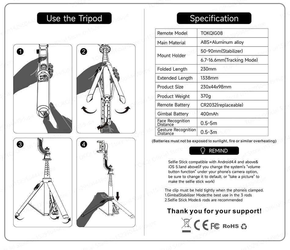 C22 AI Face Tracking Handheld Gimbal Stabiliser 360° Rotation Shoot Selfie Stick Tripod for Mobile Phone, 1/4'' Screw for Camera