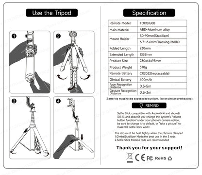 C22 AI Face Tracking Handheld Gimbal Stabiliser 360° Rotation Shoot Selfie Stick Tripod for Mobile Phone, 1/4'' Screw for Camera