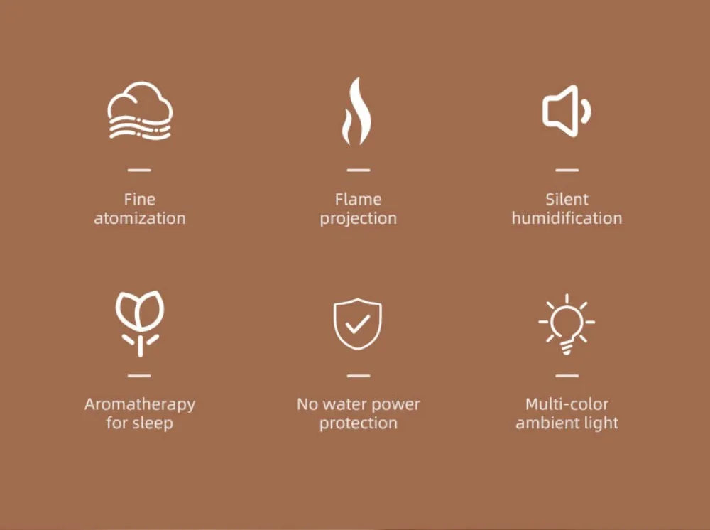 Luftbefeuchter mit Flammen-Aromatherapie-Diffusor, der ätherische Öle in 7 Farben aufnehmen kann, mit Timer und USB-Anschluss für den Schreibtisch.
