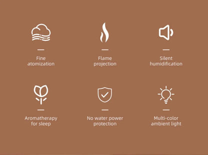 Luftbefeuchter mit Flammen-Aromatherapie-Diffusor, der ätherische Öle in 7 Farben aufnehmen kann, mit Timer und USB-Anschluss für den Schreibtisch.