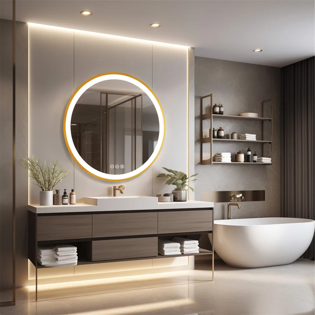LUVODI 24 Inch Gold Frame Round Bathroom Mirror with Lights Illuminate Wall Vanity Mirror 3 Color Dimmable Anti-Fog Smart Mirror