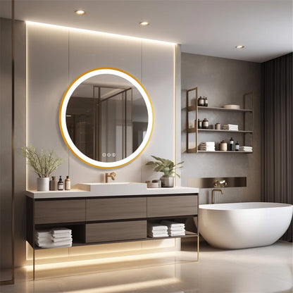 LUVODI 24 Inch Gold Frame Round Bathroom Mirror with Lights Illuminate Wall Vanity Mirror 3 Color Dimmable Anti-Fog Smart Mirror
