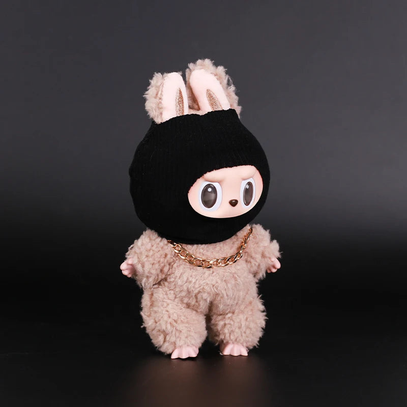 For Labubu Clothes Accessories Trendy Cool Cute Fun and Funny Style Black Knit Hat and Necklace Street Fashion Doll Accessories