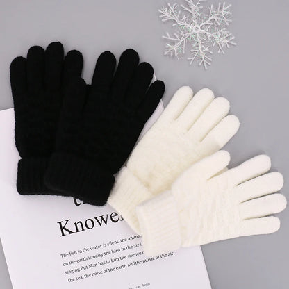 Winter Children Knitted Gloves Thick Woolen Kids Five Fingers Glove 8-15year Boy Girl Baby Hand Warmer Black White Fleece Mitten