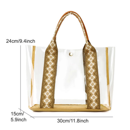 TINYAT Khaki Bohemian Style Clear PVC Tote Bag for Women, Transparent Shopper Clutch Purse for Daily Use and Music Festivals