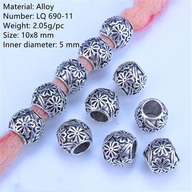 5 Pcs Antique Silver Hair Braid Dread Dreadlock Beads Cuffs Tuber Approx 8mm Inner Hole for Hair Styling Accessories Tool