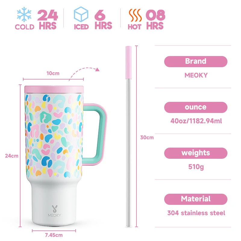 Meoky 40oz Cup Tumbler with Handle Straw Stainless Steel Multi-Prints Coffee Cup Travel Water Bottle Leak-Proof Car Mug Gifts