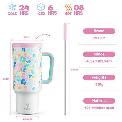 Meoky 40oz Cup Tumbler with Handle Straw Stainless Steel Multi-Prints Coffee Cup Travel Water Bottle Leak-Proof Car Mug Gifts