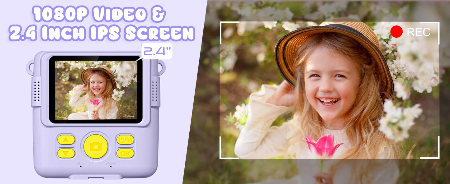 Kids Digital Camera 2.4" 1080P HD Video Camera Portable Instant Print Camera with 32GB Card, Birthday Gift for Boys Girls 3-12