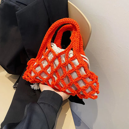 Summer Cotton Thread Woven Handbag Women Crochet Beach Bag Hollow Out Knitting Mini Top-Handle Bag Straw Mesh Boho Wristlet Bags