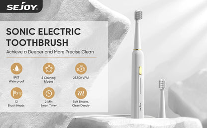 SEJOY Electric Toothbrush with 12 Brush Heads, Sonic Electric Tooth brush with 25500 VPM Deep Clean 5 Modes, Rechargeable
