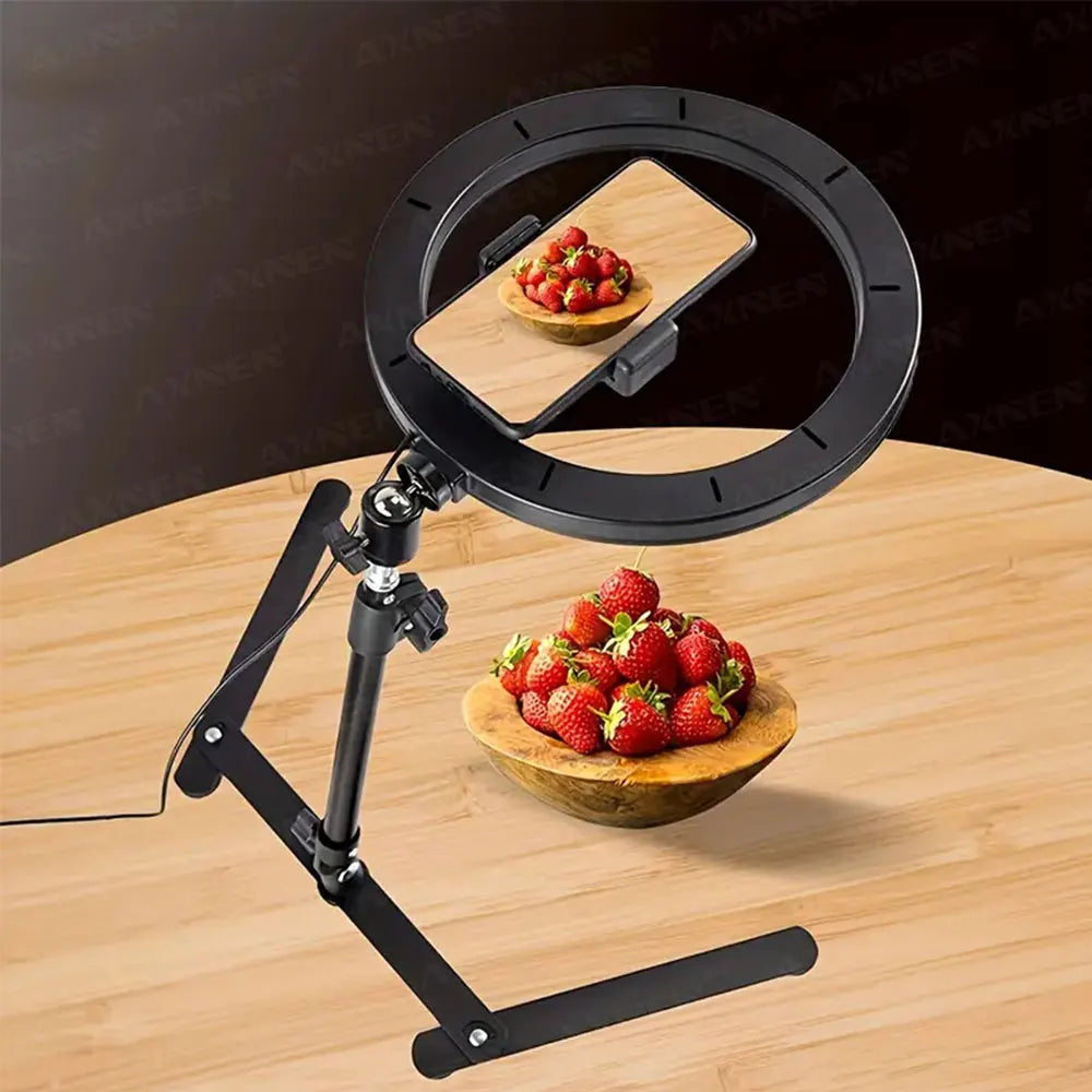 Desktop Foldable Overhead Tripod with Ring Light for Smartphone with Phone Holder Photography Table Stand Live Photo Video Shot