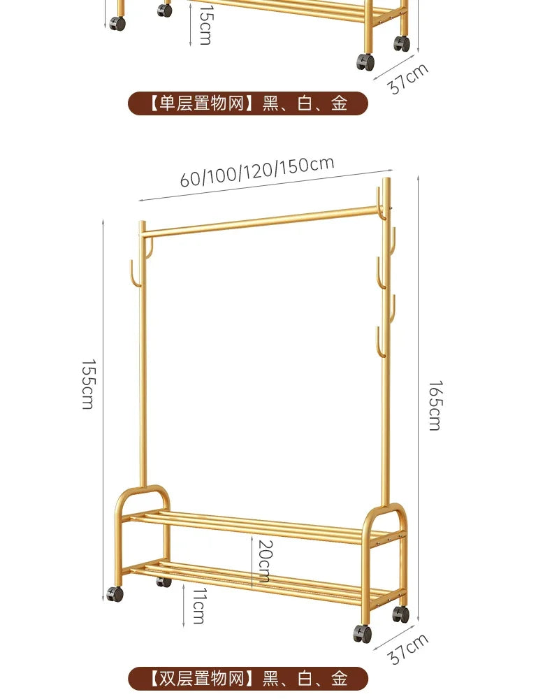 Aesthetic Golden Clothes Rack Metal Balcony Nordic Wheels Clothes Rack Floor Bedroom Burro Ropa Perchero Hallway Furniture