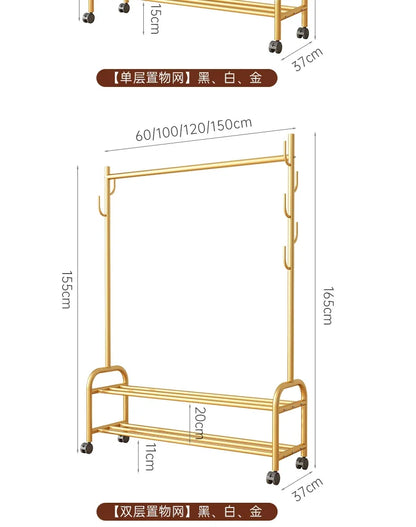 Aesthetic Golden Clothes Rack Metal Balcony Nordic Wheels Clothes Rack Floor Bedroom Burro Ropa Perchero Hallway Furniture