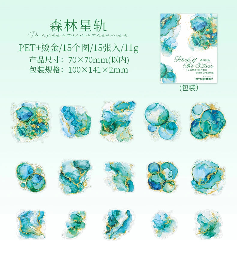 15 Pcs Creative Watercolor smudging hot stamping Stickers hand tent DIY Stick Labels Scrapbooking Material Junk Journal Supplies