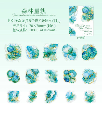 15 Pcs Creative Watercolor smudging hot stamping Stickers hand tent DIY Stick Labels Scrapbooking Material Junk Journal Supplies