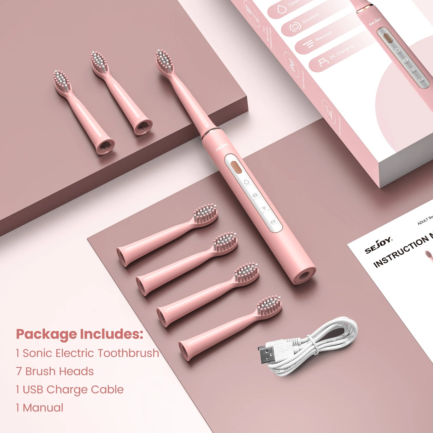 SEJOY Electric Sonic Toothbrush 3 modes Clean USB Rechargeable IPX7 Waterproof Electric Tooth Brushes with 7pcs Replacement Head