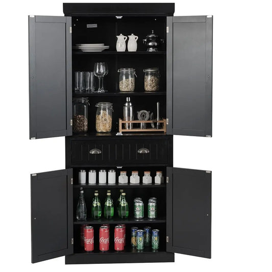 GOFLAME Wood Tall Storage Cabinet 2 Doors Display Organizer Freestanding Pantry Cupboard