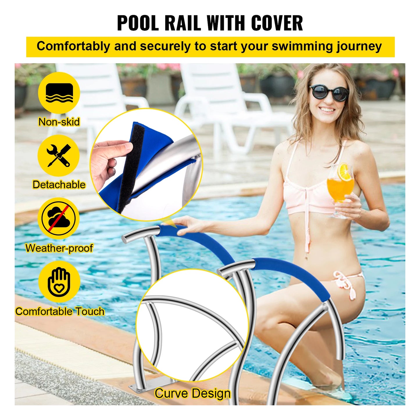 VEVOR 2 Pack 30" x 30" Swimming Pool Stair Rail 375 lbs Load Capacity w/ Quick Mount Base Plate & Complete Mounting Accessory