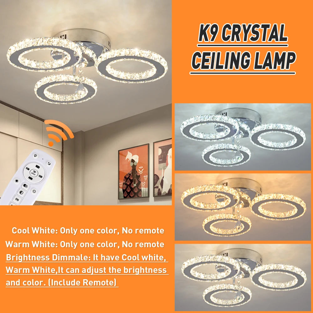 Modern K9 Crystal Led Rings Ceiling Lamp Chandelier Pendant Light Dimmable Luminaire Bedroom Living Dining Room Decor Fixture