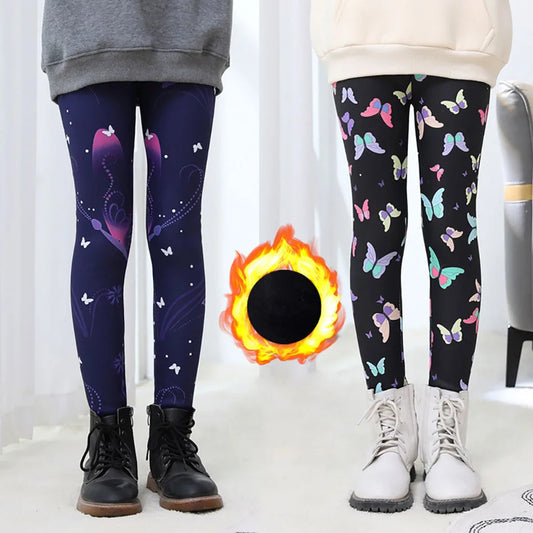 Girls Winter Leggings - Warm Plush Thickened Butterfly Print Pants for Kids