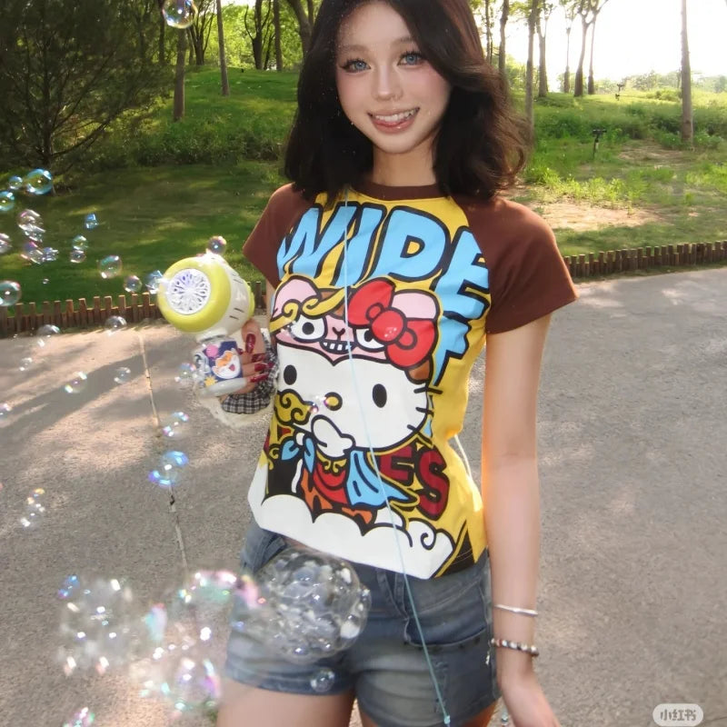 Sanrio Hello Kitty New Anime Fashion Short Tops Y2k Summer Cute Tees Cartoon Printed High Street Gothic Short Sleeve T-shirts