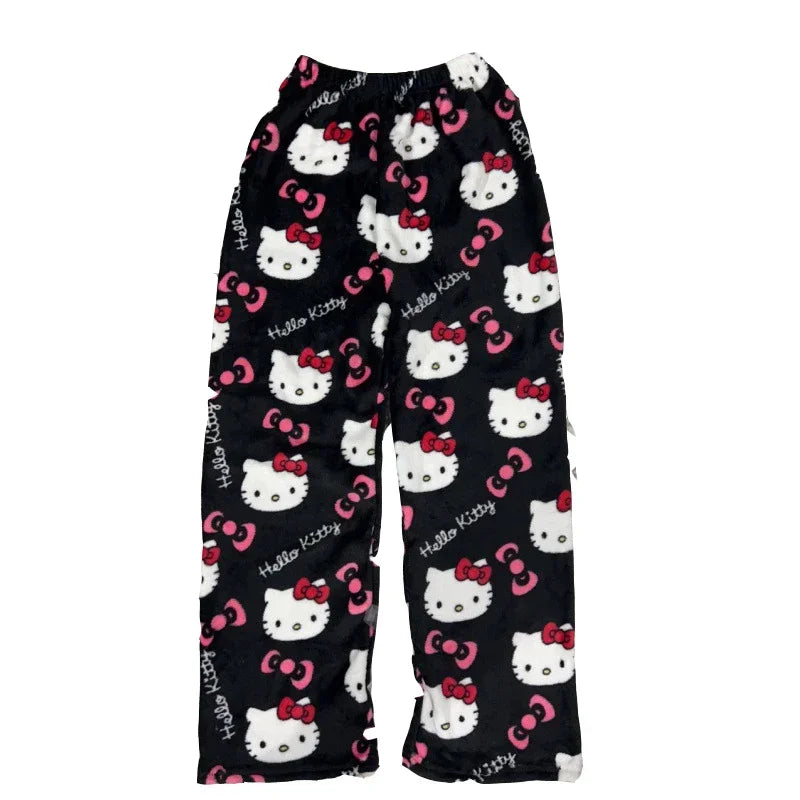 Halloween Cartoon Hello Kitty Flannel Pajamas Women's Autumn and Winter Plus Velvet Warm Casual Home Graffiti Pants