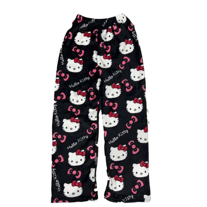 Halloween Cartoon Hello Kitty Flannel Pajamas Women's Autumn and Winter Plus Velvet Warm Casual Home Graffiti Pants