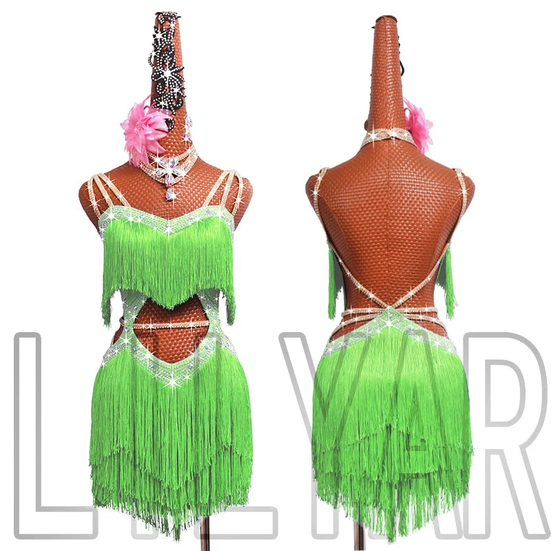 New professional Latin dance competition performance dress with sea blue tassel short open waist sparkling diamond dance skirt