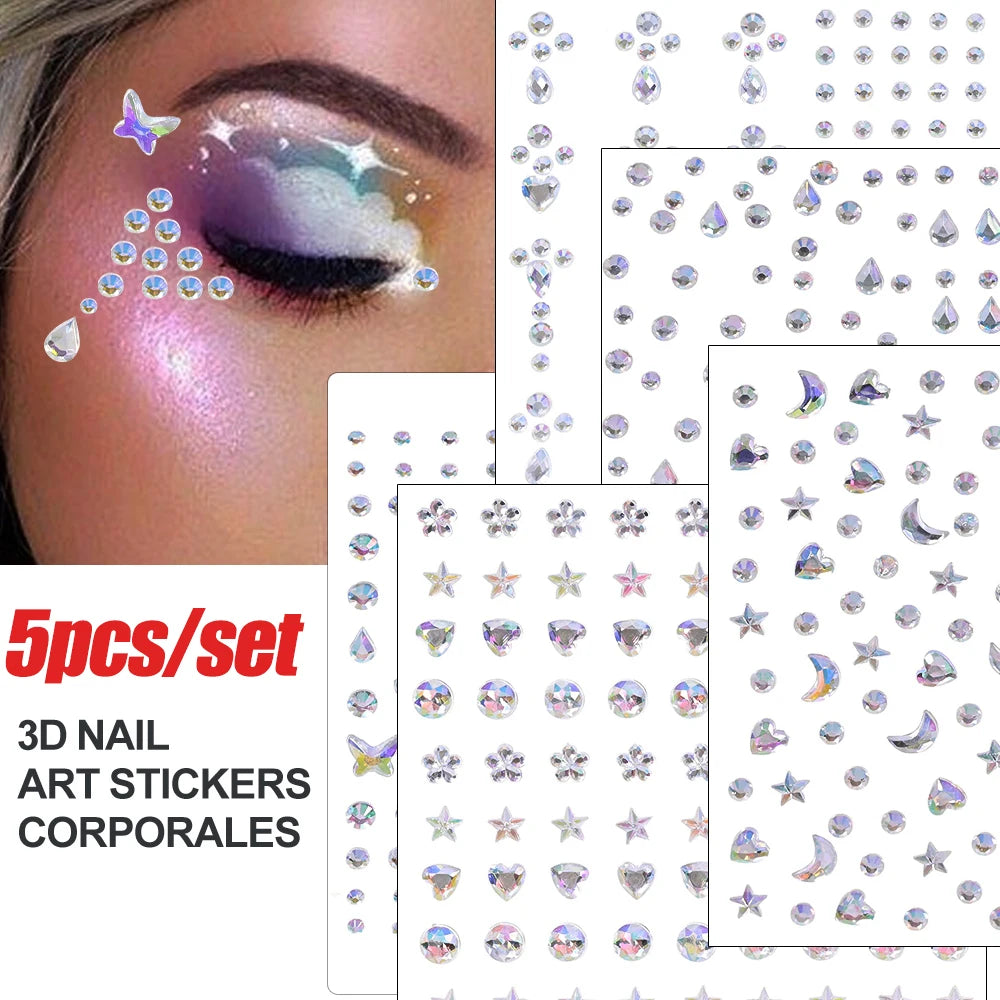 5Pcs/lot Mixed Shinying Girl Nail Glitter Face Stickers Rhinestone 3D Colorful Random Nail Face Crystal DIY Makeup Face/Body Dia