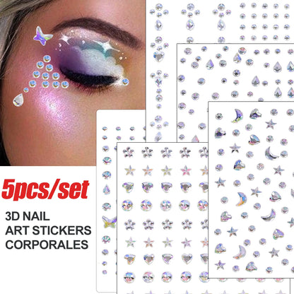5Pcs/lot Mixed Shinying Girl Nail Glitter Face Stickers Rhinestone 3D Colorful Random Nail Face Crystal DIY Makeup Face/Body Dia