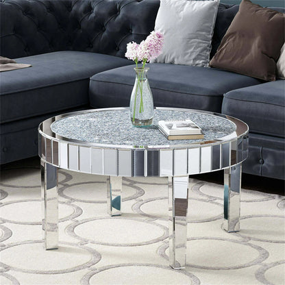 FATIVO Large Round Mirrored Coffee Table Beveled Bling Crushed Diamond End Table