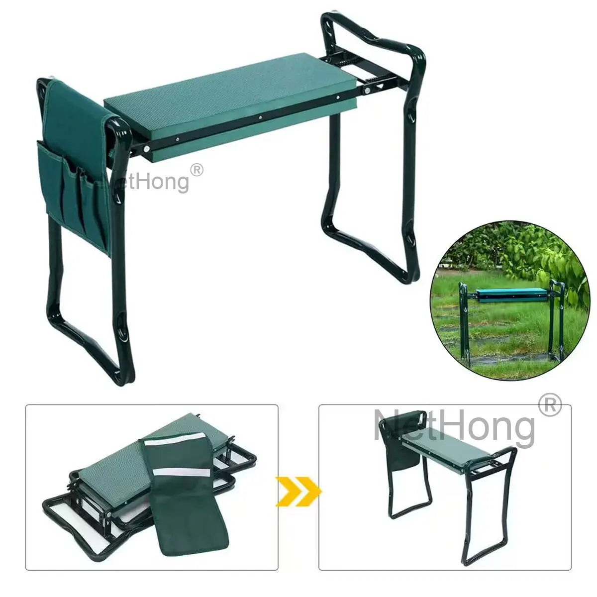 Garden Kneeler 2-In-1 Folding Gardening Padded Seat And Kneeling Stool Tool Bag~