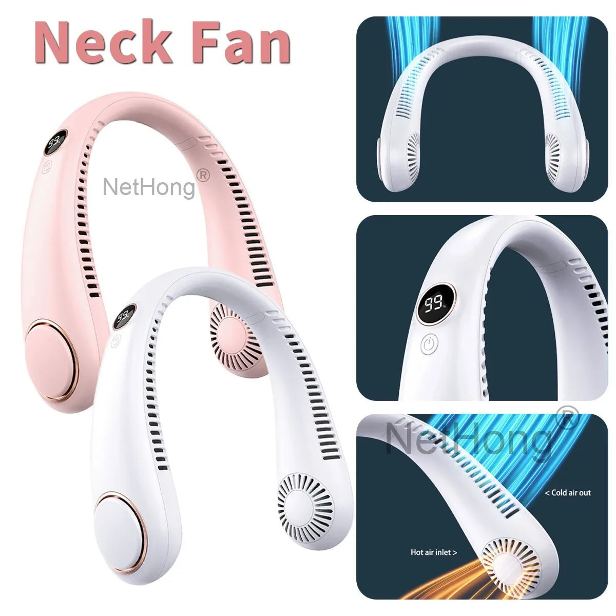Digital Display Portable Neck Fan USB Rechargeable Wearable Travel Fans`