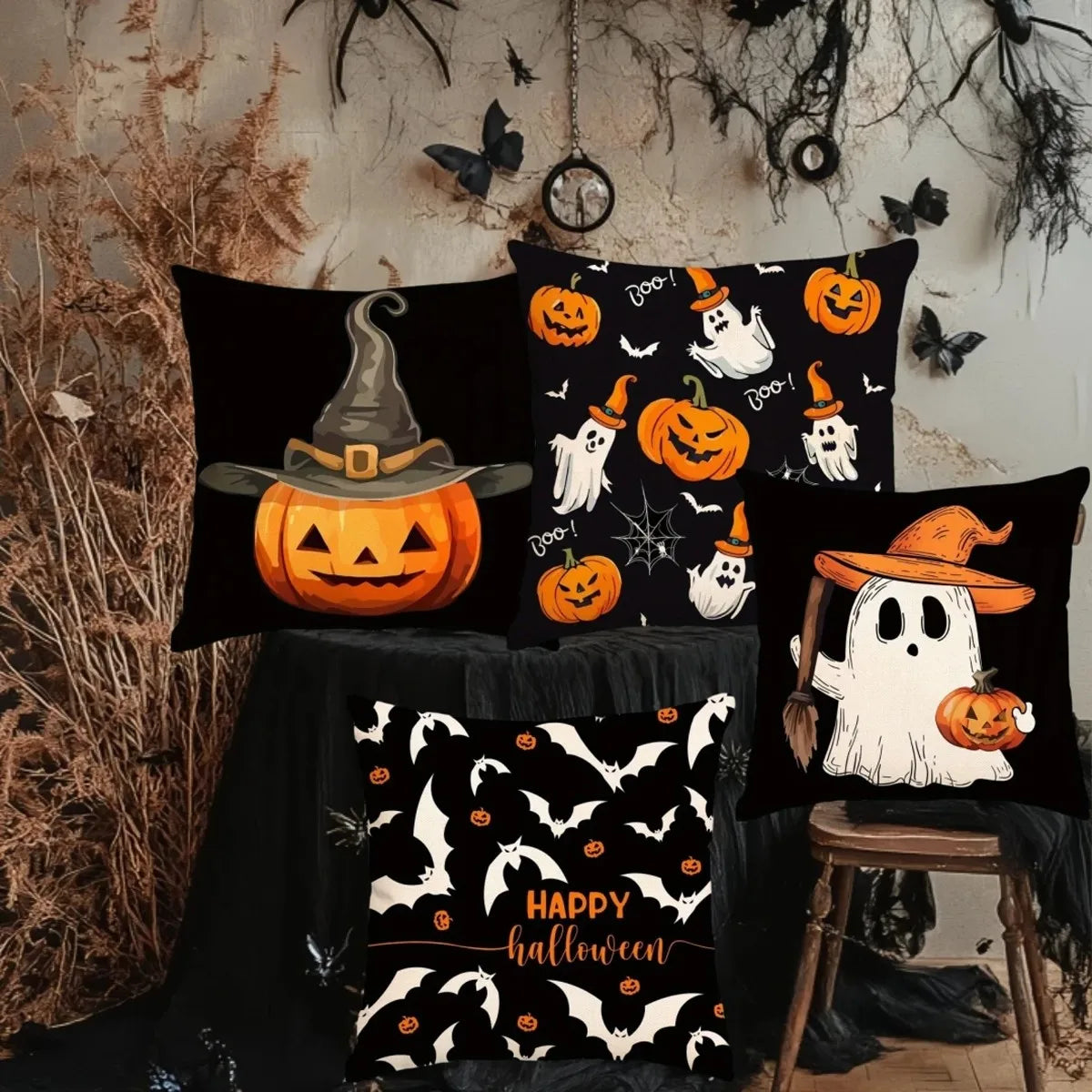 Halloween themed cushion cover set of 4 Pumpkin skull and ghost pattern 45*45cm