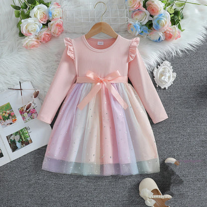 Girls Dress Blue Autumn Princess Dress Kids Clothes Birthday Party Dress Pink Long-sleeved for Children Fashion Rainbow 1-6Y