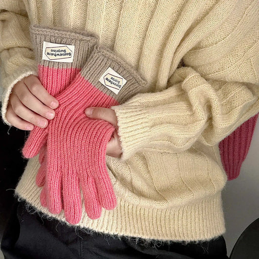 Children Thermal Knitted Gloves Winter Labeled Thickened Warm Gloves Touch Screen Striped Finger Unisex Mittens