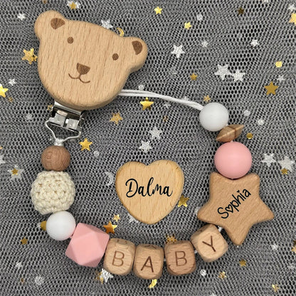 NEW Custom Name Wooden Personalized Baby Pacifier Chain Beech Bead Dummy Nipple Holder Guard Teether Pendant Newborn Mother Gift
