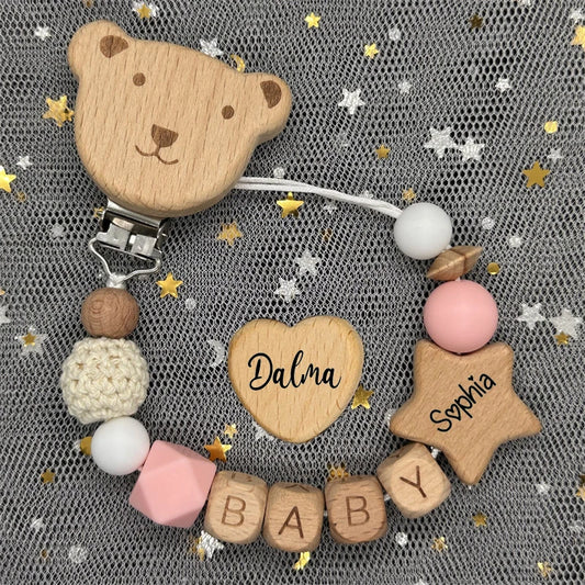 NEW Custom Name Wooden Personalized Baby Pacifier Chain Beech Bead Dummy Nipple Holder Guard Teether Pendant Newborn Mother Gift