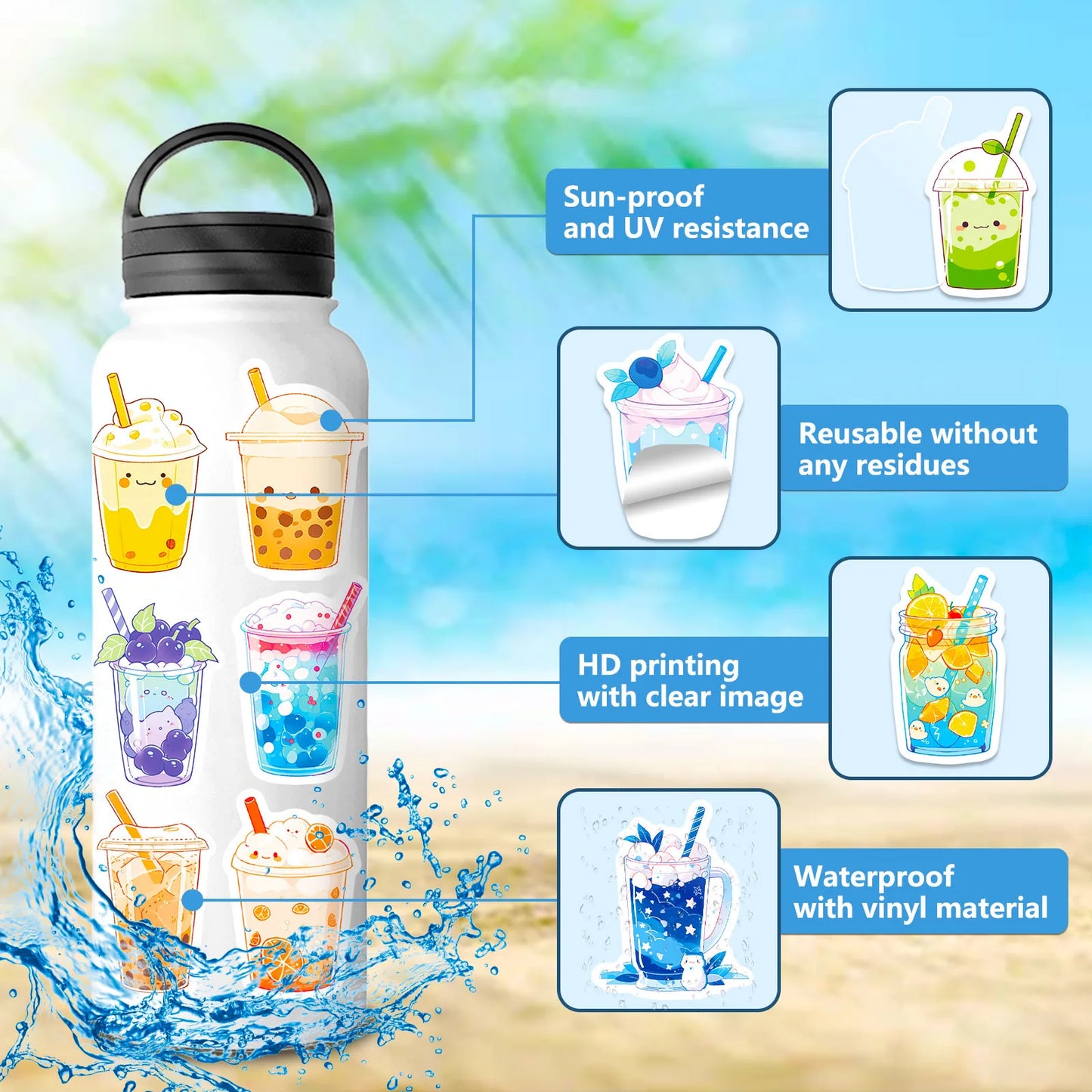 50PCS Cute Pearl Milk Tea Cartoon  Graffiti Stickers DIY Phone Guitar Laptop Notebook Suitcase Cup Waterproof Sticker Kids Toy