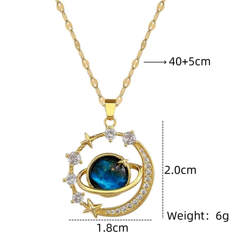 Exquisite Starry Sky Planet Light Luxurious Temperament Gorgeous Necklace Star and Moon Versatile Stainless Steel Clavicle Chain